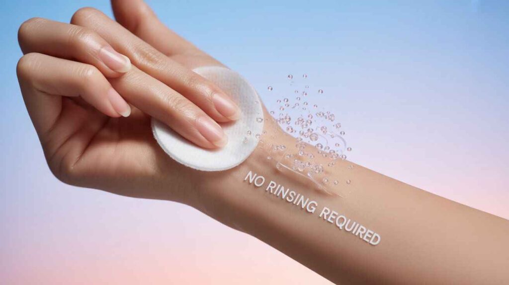 Cotton pad with micellar water gently removing perfume smell from skin using micelles.