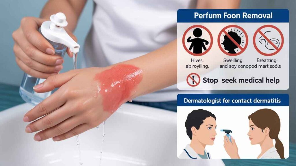 Person rinsing irritated red skin under cool water with safety warning to stop perfume removal attempts and seek medical help.