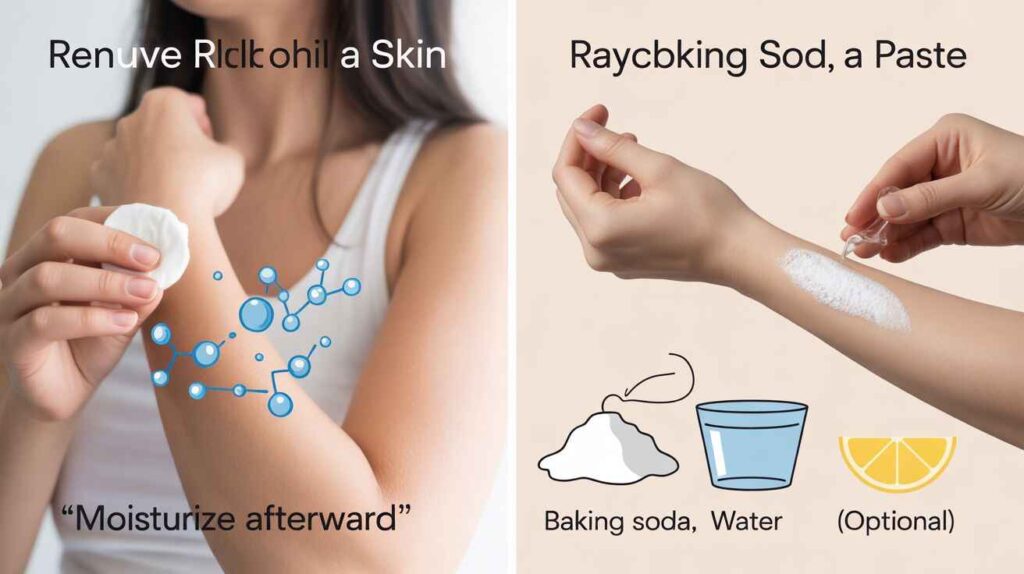 Cotton ball with rubbing alcohol dabbing wrist to remove perfume smell from skin instantly. Baking soda paste applied on arm to neutralize strong perfume fragrance naturally,