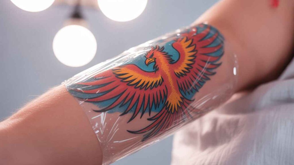 Fresh tattoo covered with transparent second skin film, showing proper healing and aftercare protection.