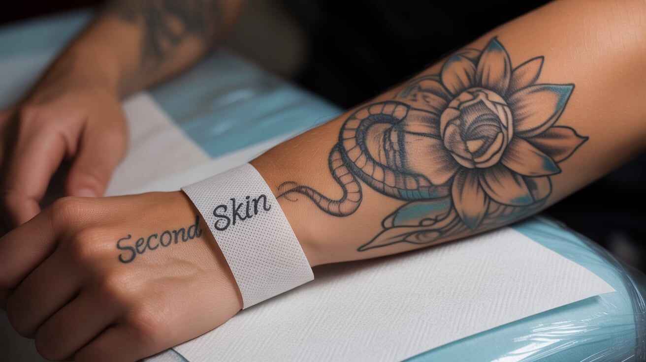 Second skin tattoo healing film applied on a fresh tattoo, showing proper aftercare and protection during recovery.