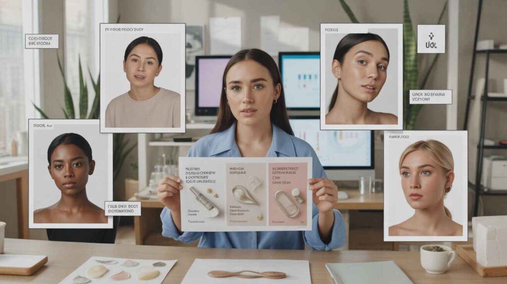 Skincare advertising team creating routine-based and ingredient-focused campaigns with authentic product photography and UGC to drive conversions.