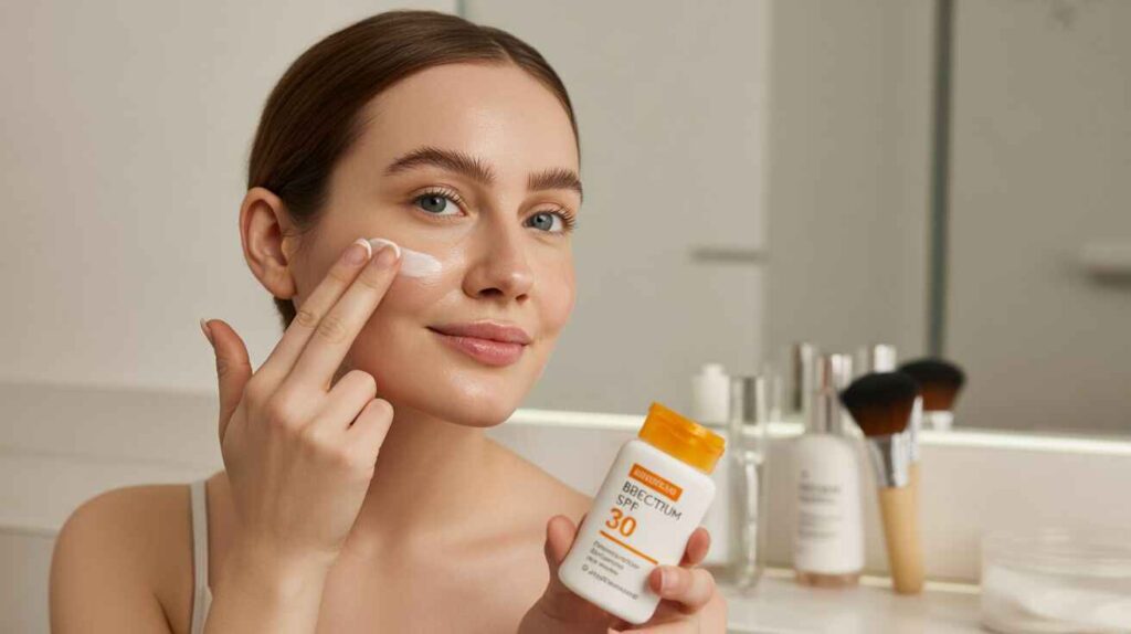 Step-by-step guide showing correct application of sunscreen for pimple-prone skin using two-finger method, ½ teaspoon coverage, and reapplication tips