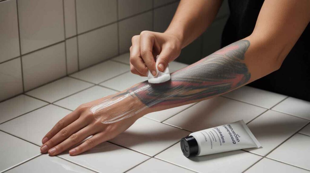 Fresh tattoo being gently washed and moisturized after removing second skin film, ensuring hydration and long-term color protection.