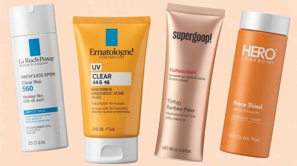 Top dermatologist-recommended sunscreens for acne-prone skin including EltaMD UV Clear, La Roche-Posay Anthelios, Supergoop! Mattescreen, and Hero Cosmetics Force Shield, all non-comedogenic and oil-free