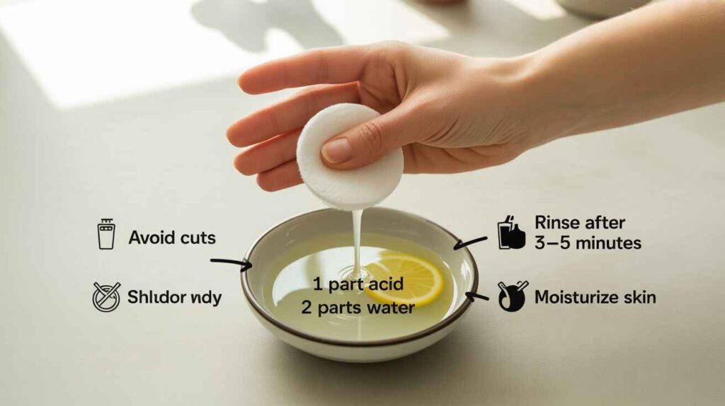 Cotton pad applying diluted vinegar and lemon juice solution on wrist to remove strong perfume smell from skin.