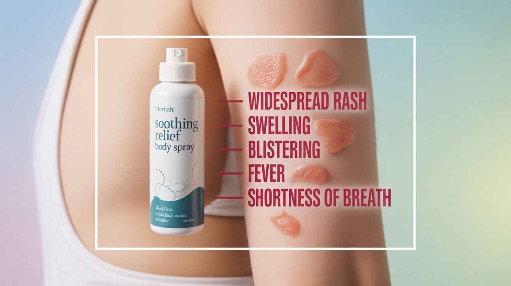 Infographic showing when itchy skin needs medical care, with body spray for mild relief and warning signs like swelling, blistering, fever, or shortness of breath