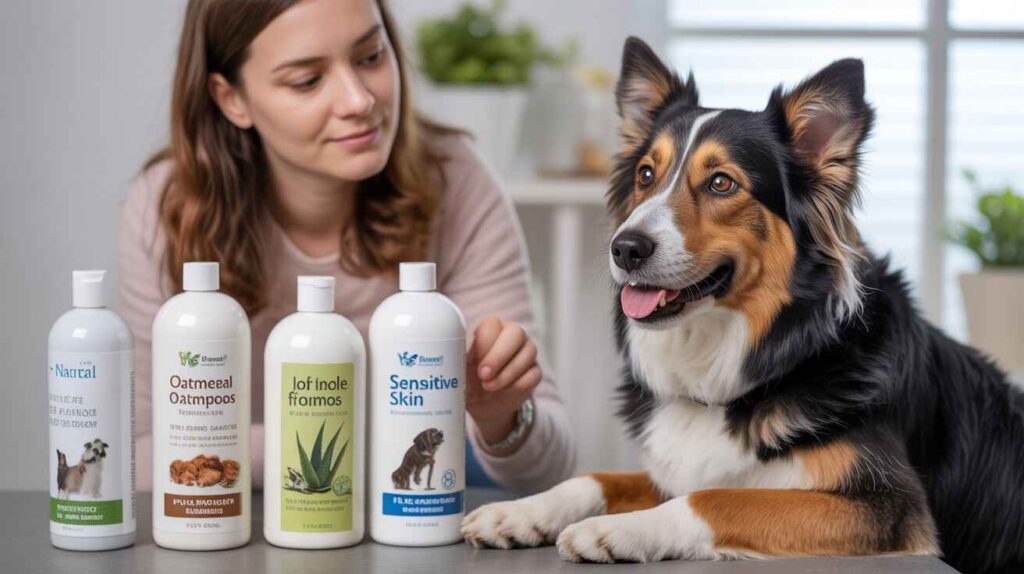 A pet owner selecting gentle, vet-approved dog skin care products with natural ingredients like oatmeal and aloe for a healthy, shiny coat.