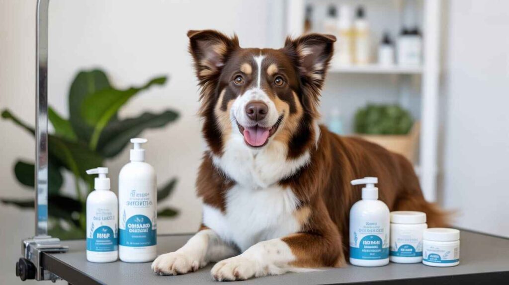 A happy dog with a shiny coat sitting beside natural dog skin care products like hypoallergenic shampoo, paw balm, and omega-3 supplements.