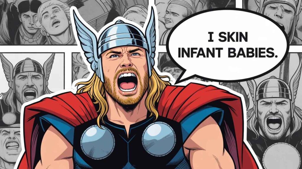 I Skin Infant Babies meme showing Thor yelling absurd line, origin from Reddit’s MarvelCringe community