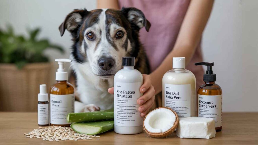 A pet owner reading the label of a natural dog skin care product made with oatmeal, aloe vera, shea butter, and coconut oil to ensure safe, gentle care.