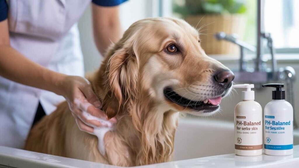 A groomer bathing a dog with pH-balanced shampoo to maintain healthy skin and prevent dryness or irritation.