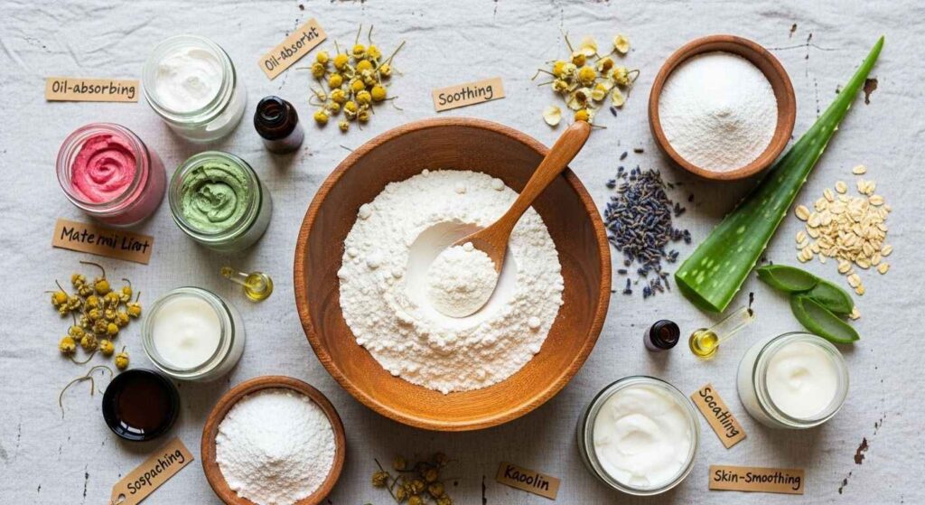 Arrowroot powder in a wooden bowl with a spoon, surrounded by natural DIY skincare items, showing its oil-absorbing, soothing, and skin-smoothing benefits.