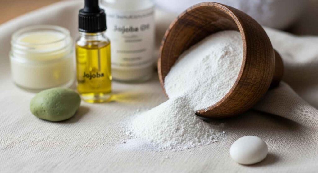 Arrowroot powder in a wooden bowl with some spilled on a cloth, surrounded by natural skincare items, highlighting oil control, soothing, and skin-smoothing benefits.