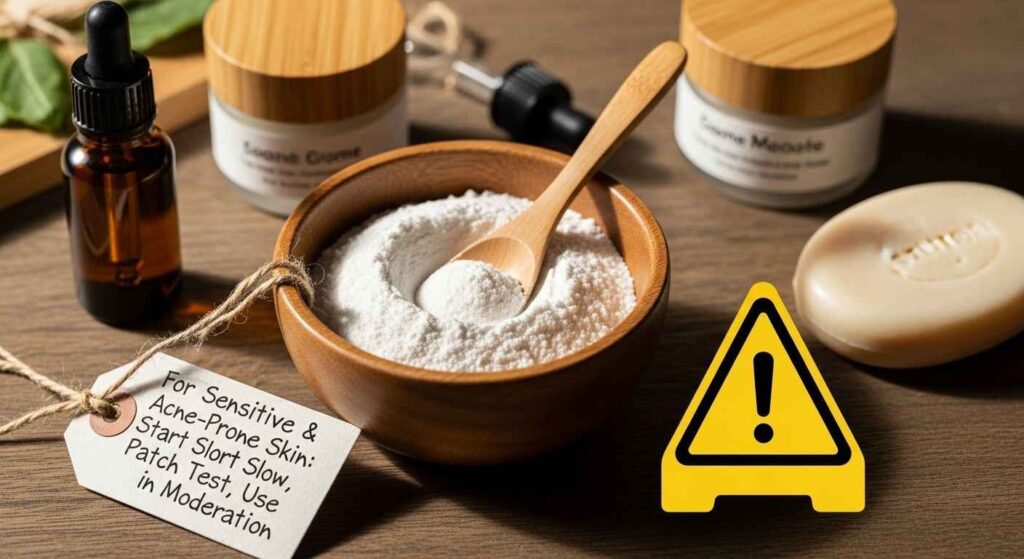 Arrowroot powder in a wooden bowl with a spoon, accompanied by a caution symbol and natural skincare items, highlighting safe use, moderation, and patch testing for sensitive or acne-prone skin.