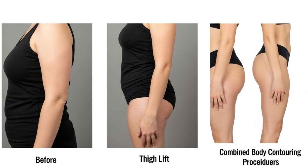 Before and after results of arm lift, thigh lift, and combined body contouring surgery showing smoother arms, tighter thighs, and improved overall silhouette after weight loss