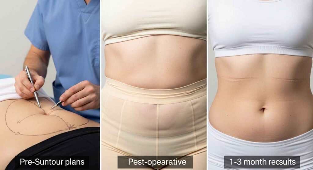 Before and after results of arm lift, thigh lift, and combined body contouring surgery showing smoother arms, tighter thighs, and improved overall silhouette after weight loss