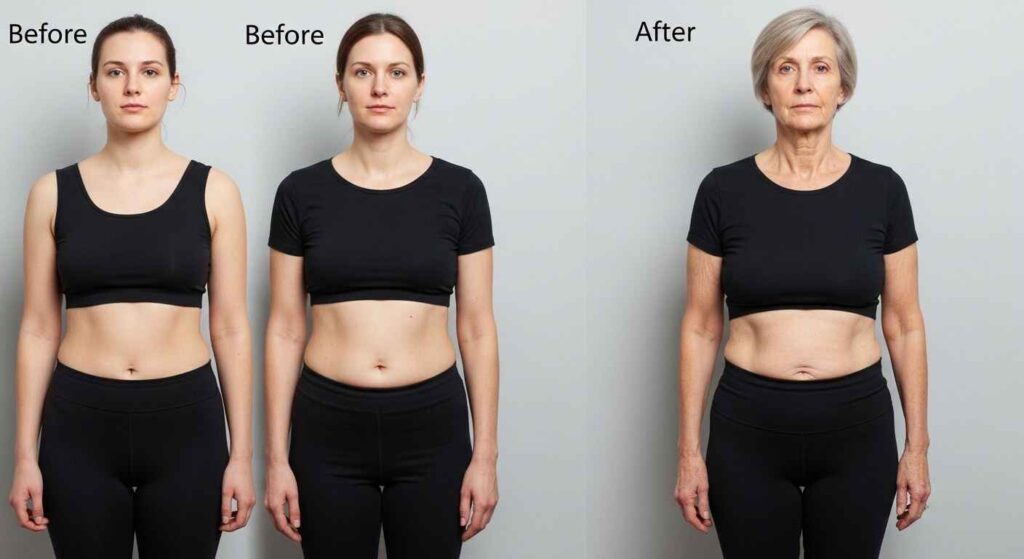 Gastric bypass before and after showing variation in loose skin based on age and weight loss amount.