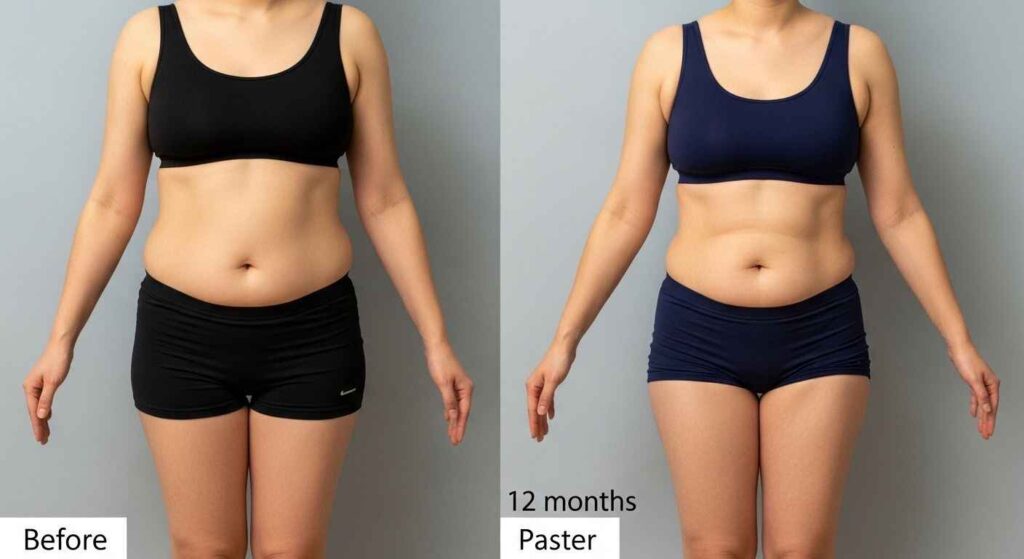 Gastric bypass before and after showing major weight loss and loose skin on abdomen and arms.