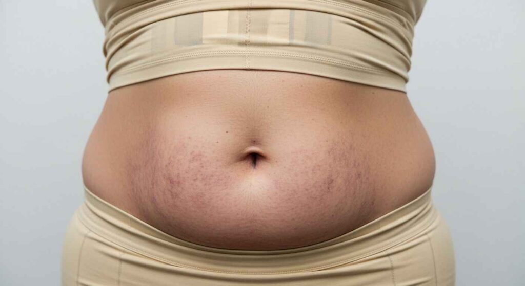 Liposuction recovery timeline showing swelling at early stage and improved skin retraction at 3 and 12 months.