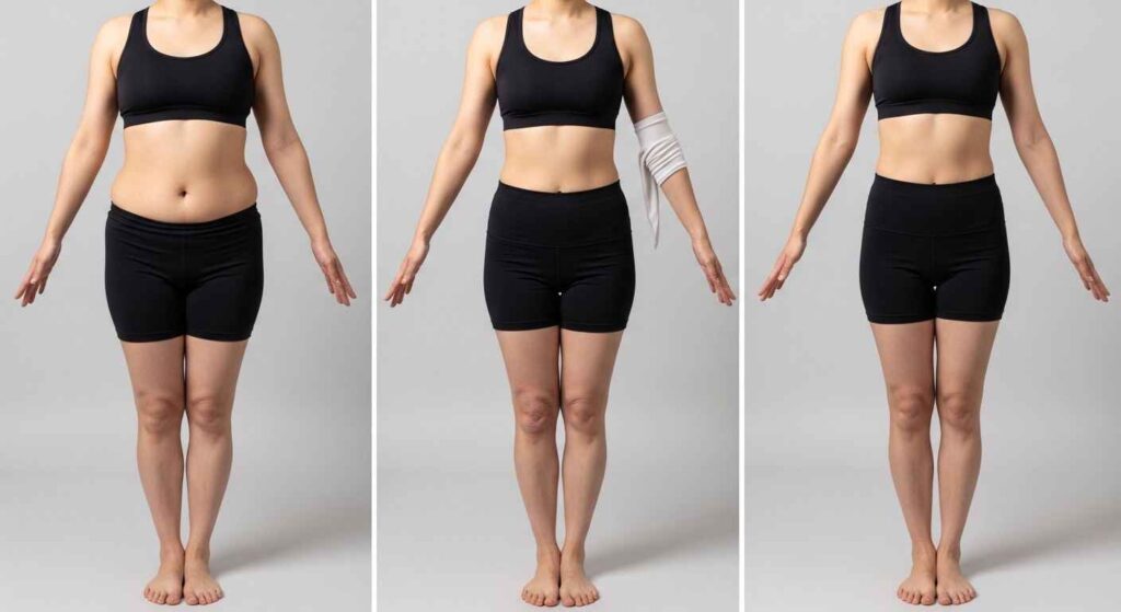 Loose skin after liposuction on abdomen, arms, and thighs showing variable skin elasticity and mild sagging results.