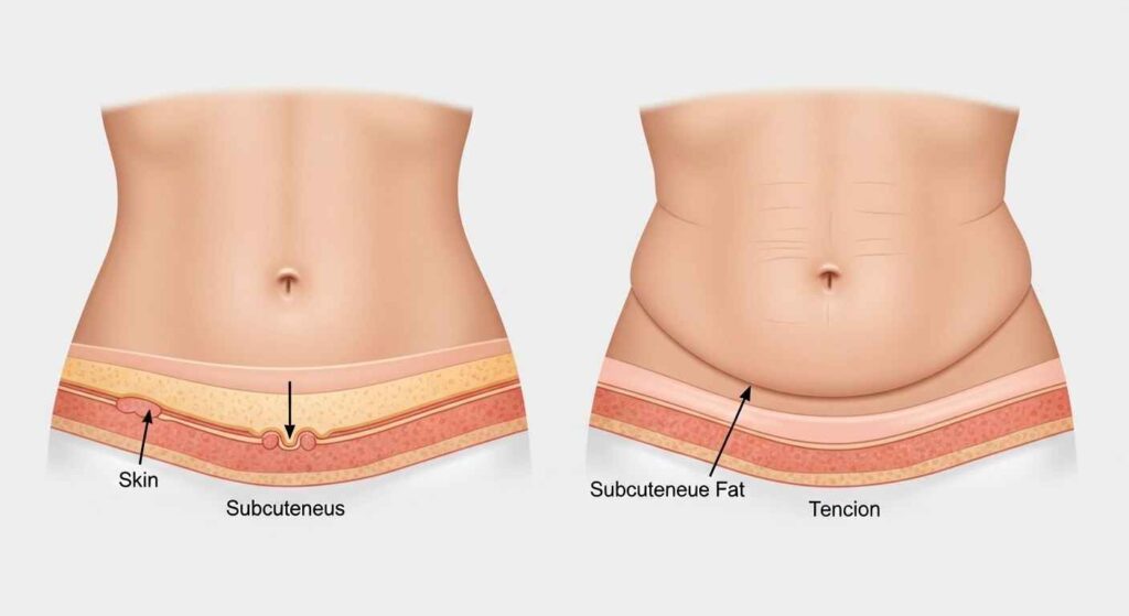 Loose skin after liposuction on abdomen showing reduced fat and mild sagging due to decreased skin elasticity.