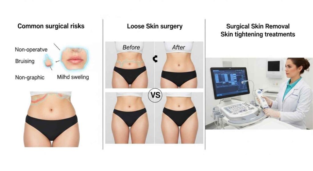 Comparison of loose skin surgery risks, realistic before and after results, and differences between surgical and non-surgical skin tightening treatments.