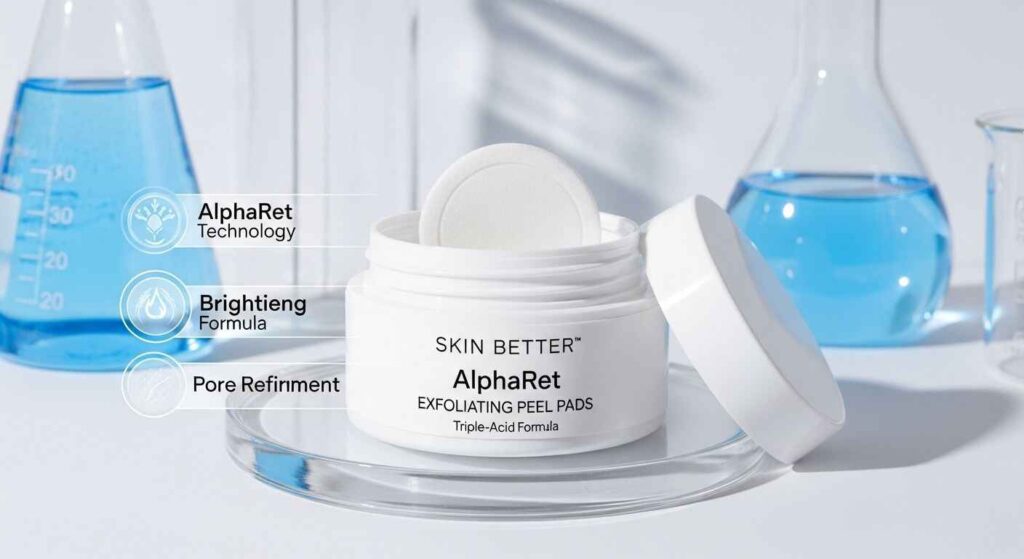 Skin Better Peel Pads featuring AlphaRet technology and triple-acid formula for exfoliation, brightening, and smoother skin texture.