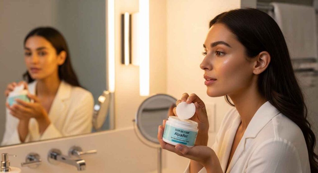 Woman using Skin Better AlphaRet Peel Pads during nighttime skincare routine for exfoliation and brighter, smoother skin.