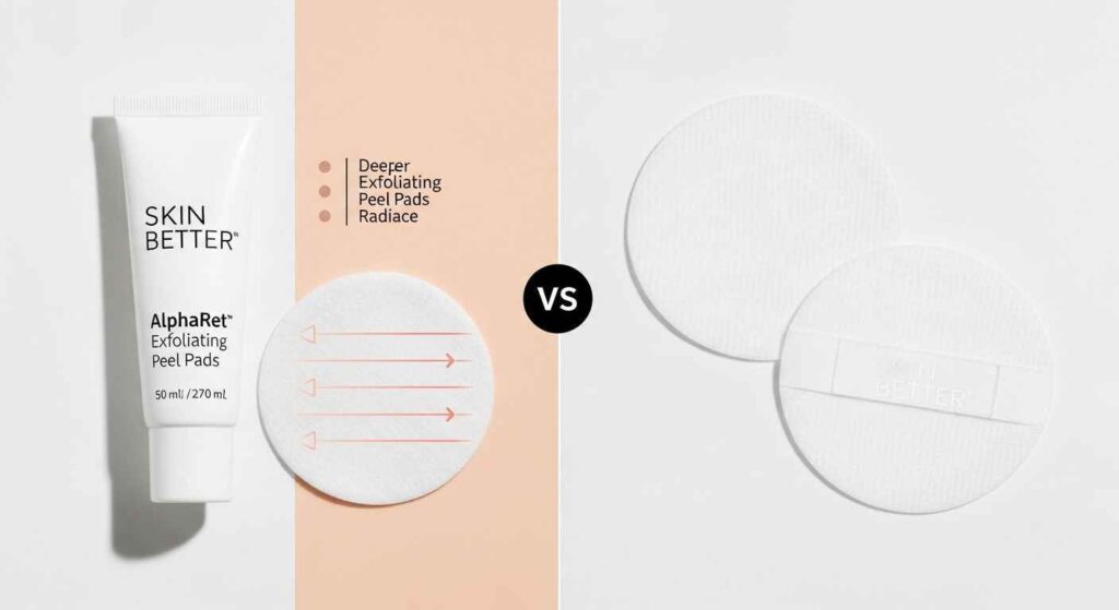 Comparison of Skin Better AlphaRet Peel Pads and standard exfoliating pads, showing superior exfoliation, brighter skin, and refined texture with Skin Better pads.