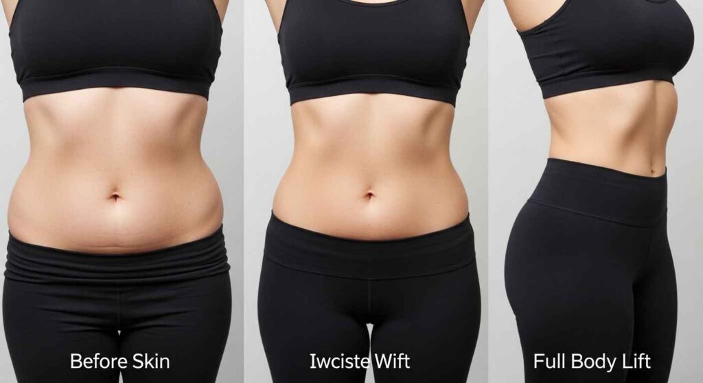 Before and after results of tummy tuck and full body lift surgery showing removal of excess skin and improved body contour after major weight loss.
